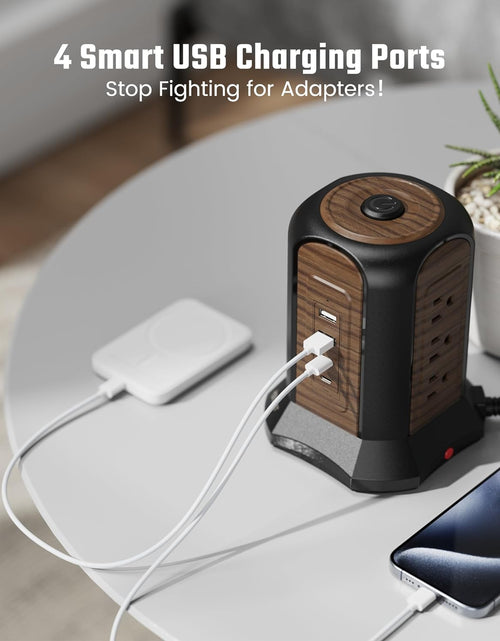 Load image into Gallery viewer, Power Strip Tower Surge Protector, 10 Ft Extension Cord with Multiple Outlets, 9 Outlets, 4 USB Ports (2 USB C), 1080 Joules, 3-Prong, Grounded, Charging Station for Home, Office, Brown
