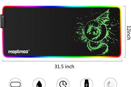 Large RGB Mouse Pad Anime Dragon Mouse Mat LED with 15 Lighting Modes for Gaming 31.5 X 12 Inch (Green)