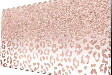 Desk Mat XXL Mouse Pad, Pink Rose Gold Leopard Print Office Supplies and Accessories Decor for Women 31.5X15.75In,Stitched Edges Smooth Non-Slip Bottom, Large Pad