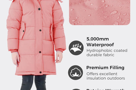 Girl'S Winter Jacket Long Puffer Coat Fleece Outerwear Jacket with Hood Water Resistant