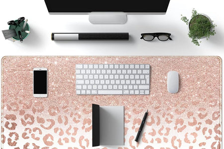 Desk Mat XXL Mouse Pad, Pink Rose Gold Leopard Print Office Supplies and Accessories Decor for Women 31.5X15.75In,Stitched Edges Smooth Non-Slip Bottom, Large Pad
