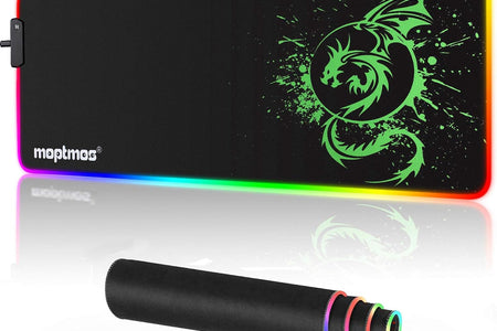 Large RGB Mouse Pad Anime Dragon Mouse Mat LED with 15 Lighting Modes for Gaming 31.5 X 12 Inch (Green)